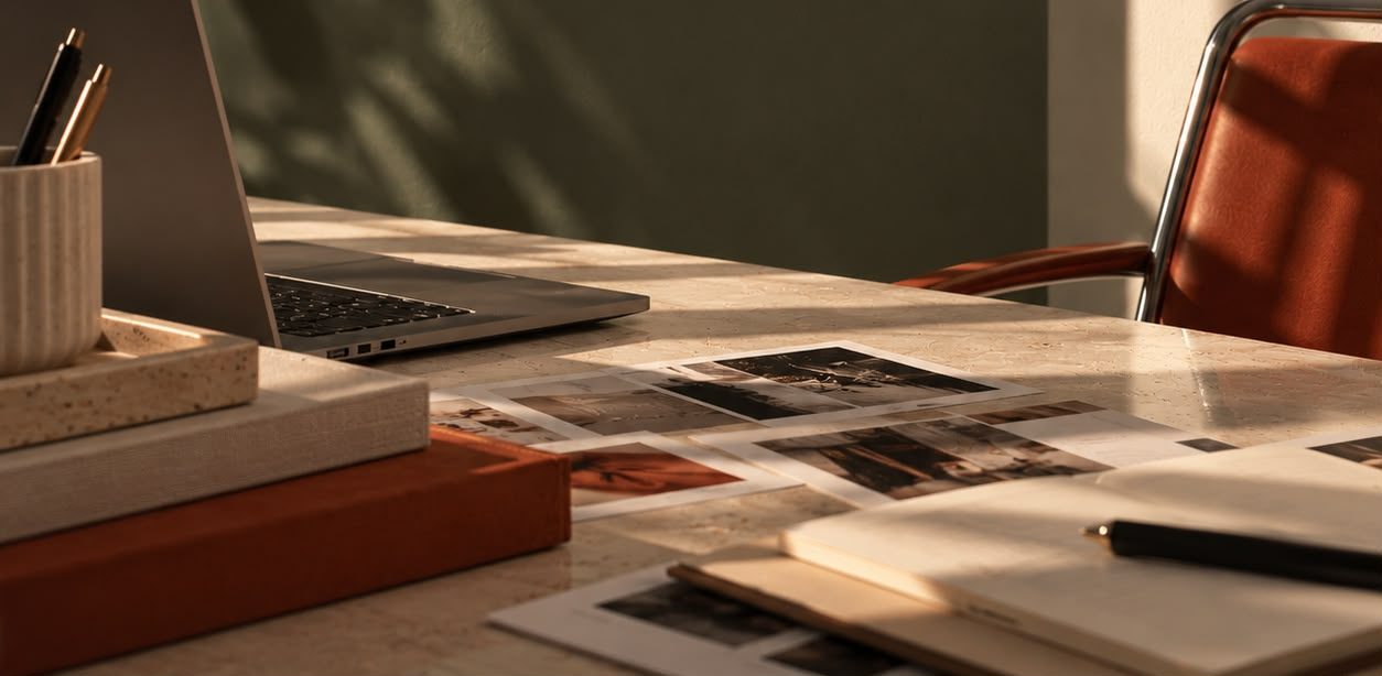 Mesa de trabalho com notebook, fotos impressas e cadeira terracota, na luz da tarde